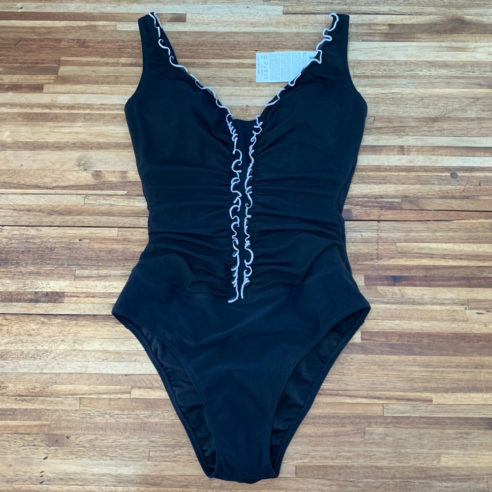 Profile by Gottex Ruffle Trim V-neck Soft Cup Bra Swimsuit, Black & White US 10